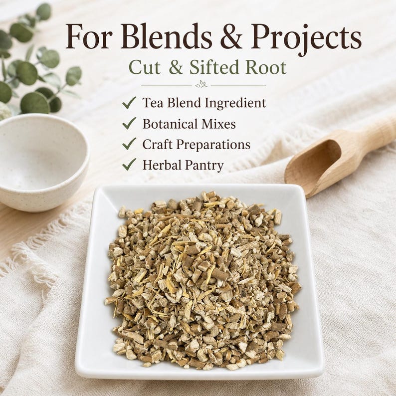 May include: A square white bowl filled with cut and sifted root pieces. Text above reads: For Blends & Projects, Cut & Sifted Root, Tea Blend Ingredient, Botanical Mixes, Craft Preparations, Herbal Pantry. A wooden scoop sits nearby.
