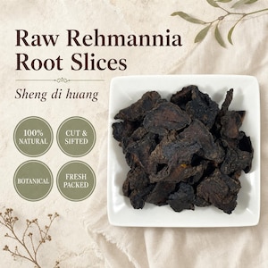 May include: A square white dish filled with dark brown, irregular Raw Rehmannia Root Slices, also labeled Sheng di huang. The text includes 100% NATURAL, CUT & SIFTED, BOTANICAL, and FRESH PACKED within four circular icons on a light background.
