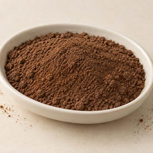 May include: A small, round, white ceramic bowl filled with a mound of finely ground, dark brown cocoa powder. The texture of the powder appears dry and slightly granular, with a few small particles scattered outside the rim of the bowl.