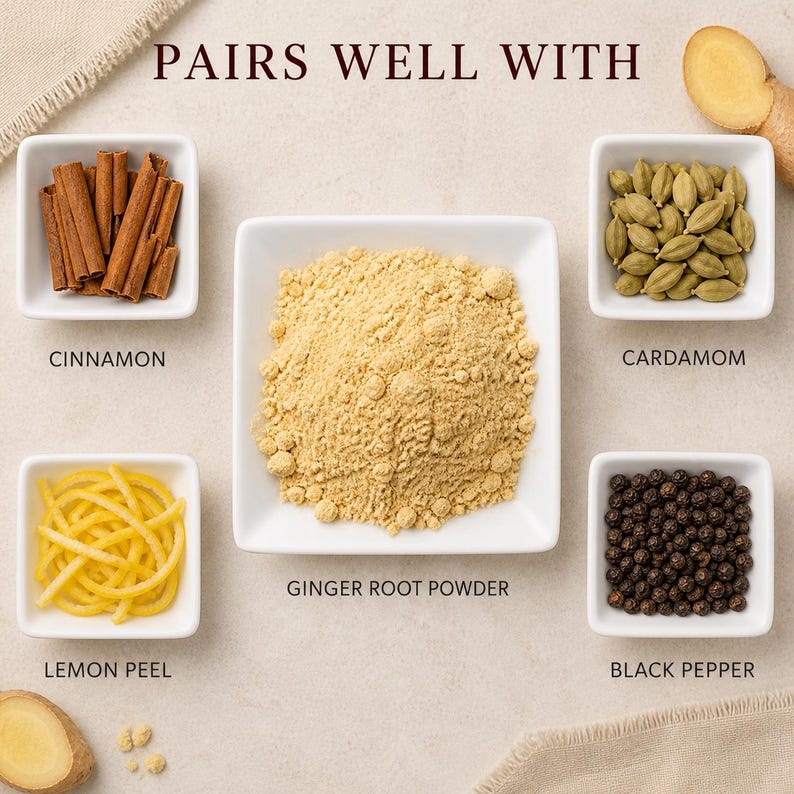 May include: Five white square bowls containing cinnamon sticks, ginger root powder, cardamom pods, lemon peel, and black peppercorns. The text PAIRS WELL WITH is at the top, with labels for each ingredient: CINNAMON, GINGER ROOT POWDER, CARDAMOM, LEMON PEEL, and BLACK PEPPER.