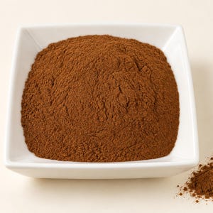 May include: A square white ceramic bowl filled with a mound of finely ground brown cinnamon powder. The texture of the spice is uniform and matte, with a small separate pile of the same brown powder resting outside the bowl to the lower right.