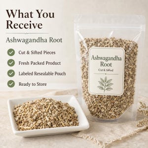 May include: A clear resealable pouch filled with cut and sifted ashwagandha root, accompanied by a white square dish containing the same root pieces. Text on the pouch reads Ashwagandha Root Cut & Sifted. Text on the left reads What You Receive.