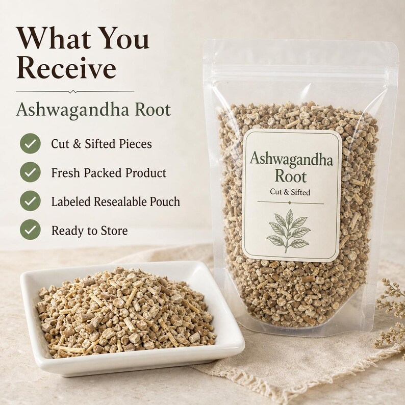 May include: A clear resealable pouch filled with cut and sifted ashwagandha root, accompanied by a white square dish containing the same root pieces. Text on the pouch reads Ashwagandha Root Cut & Sifted. Text on the left reads What You Receive.