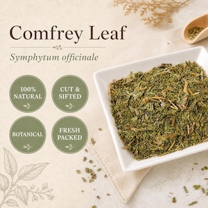 May include: A white square bowl filled with dried, cut, and sifted green comfrey leaf, labeled Symphytum officinale. The text includes 100% natural, cut & sifted, botanical, and fresh packed inside four green circles on a light background.