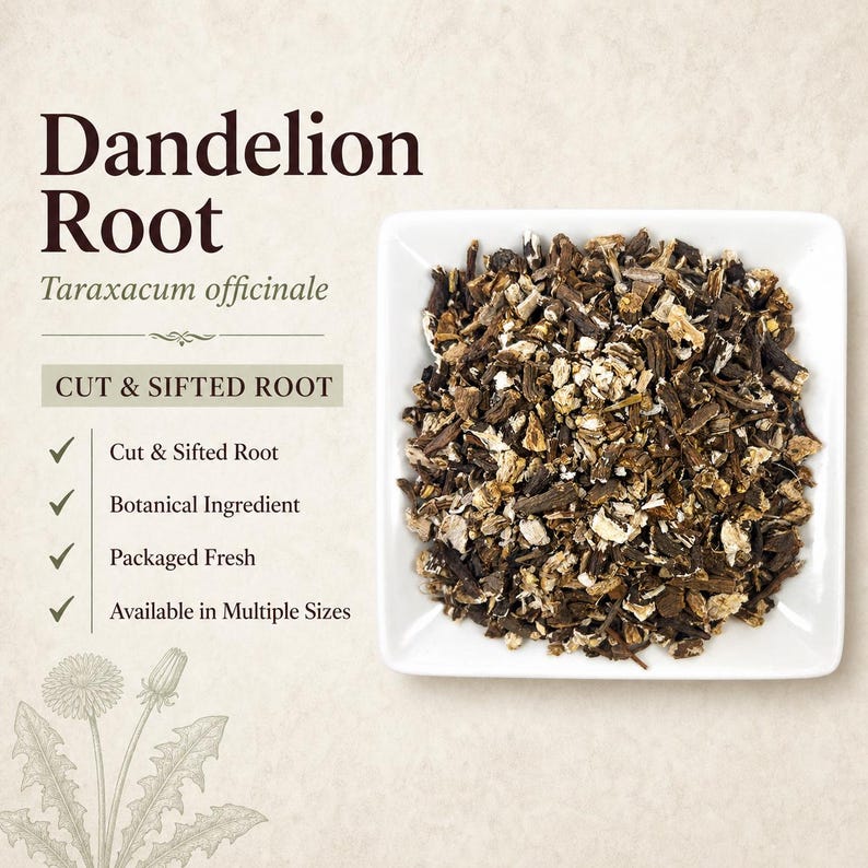 May include: A square white bowl filled with dried, brown and tan cut and sifted dandelion root. Text on the left reads: Dandelion Root, Taraxacum officinale, CUT & SIFTED ROOT, Cut & Sifted Root, Botanical Ingredient, Packaged Fresh, Available in Multiple Sizes.