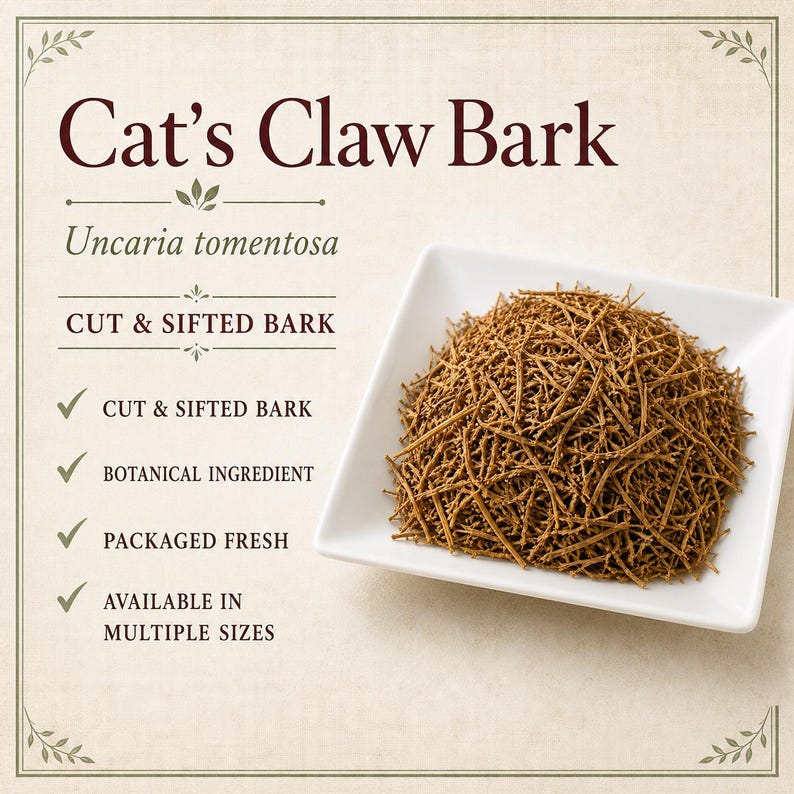 May include: A white square dish filled with brown, fibrous Cat's Claw Bark, labeled Uncaria tomentosa. The text lists features including cut and sifted bark, botanical ingredient, packaged fresh, and available in multiple sizes with checkmarks.