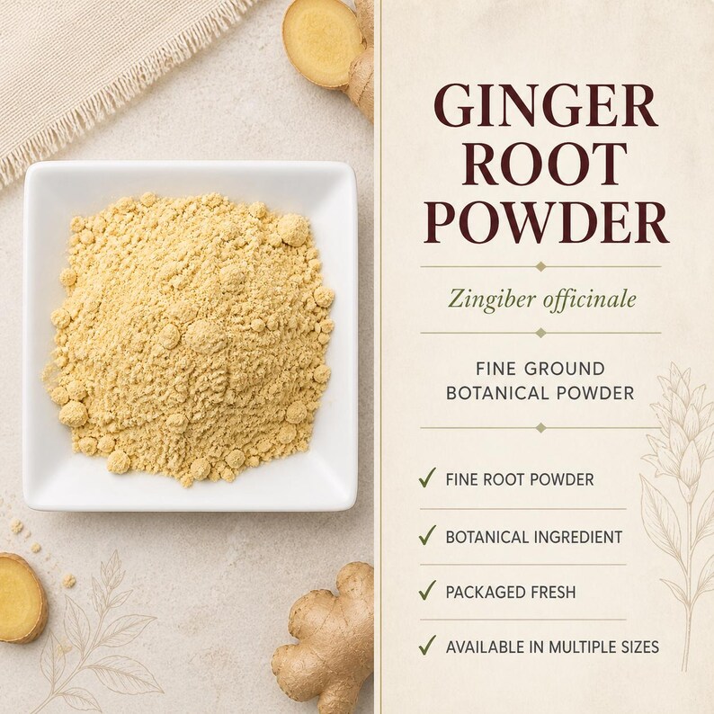 May include: A square white bowl filled with light yellow ginger root powder, accompanied by fresh ginger root pieces. The text reads GINGER ROOT POWDER, Zingiber officinale, FINE GROUND BOTANICAL POWDER, and lists features including fine root powder.