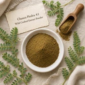 Puede incluir: Un cuenco de cer&aacute;mica blanca lleno de polvo de extracto silvestre Chanca Piedra 4:1 marr&oacute;n, acompa&ntilde;ado de una cuchara de madera con polvo, ramitas de plantas verdes y una etiqueta de papel con el texto Chanca Piedra 4:1 Wild Crafted Extract Powder.