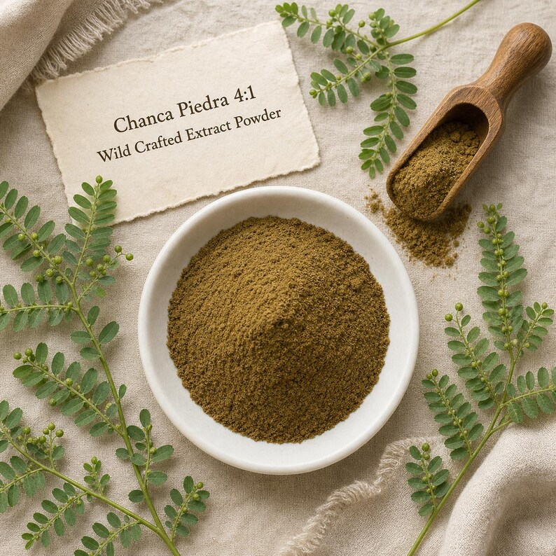 Puede incluir: Un cuenco de cer&aacute;mica blanca lleno de polvo de extracto silvestre Chanca Piedra 4:1 marr&oacute;n, acompa&ntilde;ado de una cuchara de madera con polvo, ramitas de plantas verdes y una etiqueta de papel con el texto Chanca Piedra 4:1 Wild Crafted Extract Powder.
