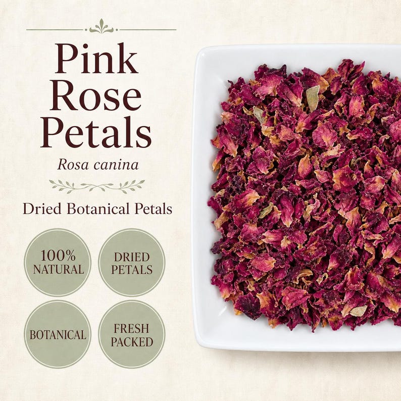 Op de afbeelding: Een vierkante witte schaal gevuld met gedroogde roze rozenblaadjes, gelabeld met Pink Rose Petals, Rosa canina en Dried Botanical Petals. Vier ronde iconen vermelden 100% Natural, Dried Petals, Botanical en Fresh Packed in donkere tekst.