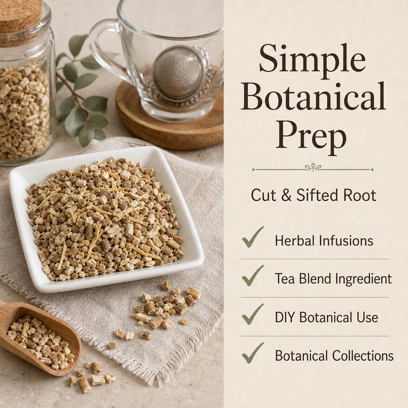 May include: A square white bowl filled with cut and sifted tan root pieces, a wooden scoop, a glass jar of root, and a glass tea infuser. Text reads: Simple Botanical Prep, Cut & Sifted Root, Herbal Infusions, Tea Blend Ingredient, DIY Botanical Use, Botanical Collections.