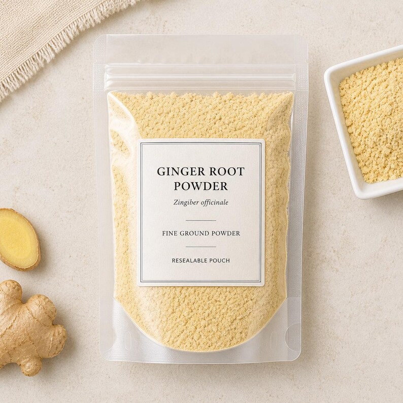 May include: A clear, resealable plastic pouch filled with light yellow ginger root powder. The label reads GINGER ROOT POWDER, Zingiber officinale, FINE GROUND POWDER, and RESEALABLE POUCH. A fresh ginger root slice and a whole root are nearby.