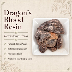 May include: Dragon's Blood Resin, Daemonorops draco, displayed as dark, irregular, reddish-brown resin chunks in a small white square bowl. Text on the left lists: Natural Resin Pieces, Botanical Ingredient, Packaged Fresh, Available in Multiple Sizes.