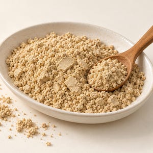 May include: A light beige, granular powder with a crumbly texture is contained within a shallow, speckled off-white ceramic bowl. A small, smooth wooden spoon rests inside the bowl, partially filled with the same light beige, textured powder.