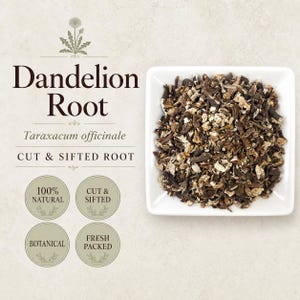 May include: A square white bowl filled with dried, cut, and sifted brown dandelion root. Text on the image reads Dandelion Root, Taraxacum officinale, CUT & SIFTED ROOT, 100% NATURAL, CUT & SIFTED, BOTANICAL, and FRESH PACKED with a dandelion icon.