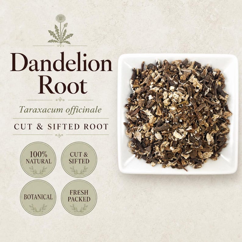 May include: A square white bowl filled with dried, cut, and sifted brown dandelion root. Text on the image reads Dandelion Root, Taraxacum officinale, CUT & SIFTED ROOT, 100% NATURAL, CUT & SIFTED, BOTANICAL, and FRESH PACKED with a dandelion icon.