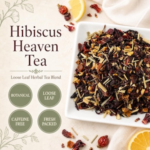 May include: A square white dish filled with Hibiscus Heaven Tea, a loose leaf herbal blend containing dark red hibiscus petals, yellow citrus peel, and light green lemongrass stalks. Text reads Hibiscus Heaven Tea, Loose Leaf Herbal Tea Blend, Botanical, Loose Leaf, Caffeine Free, and Fresh Packed.