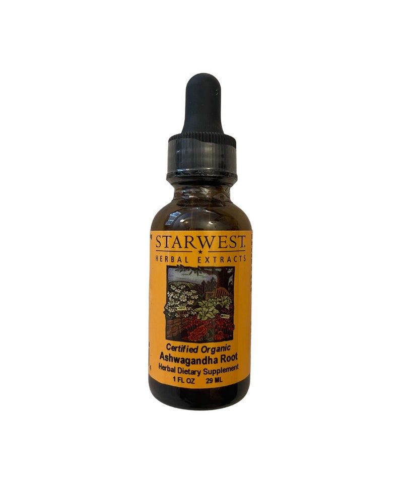 May include: A brown glass bottle with a black dropper top. The bottle is labeled "STARWEST. HERBAL EXTRACTS" and "Certified Organic Ashwagandha Root Herbal Dietary Supplement 1 FL OZ 29 ML".