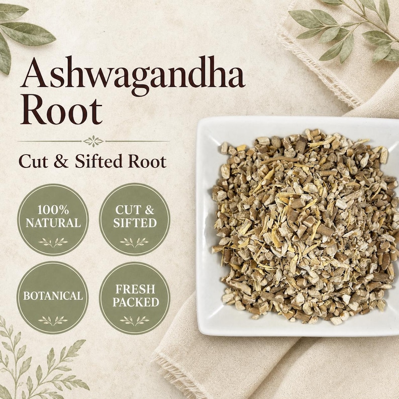May include: A square white bowl filled with tan and light brown cut and sifted ashwagandha root. Text on the image reads Ashwagandha Root, Cut & Sifted Root, 100% Natural, Cut & Sifted, Botanical, and Fresh Packed in dark brown lettering.