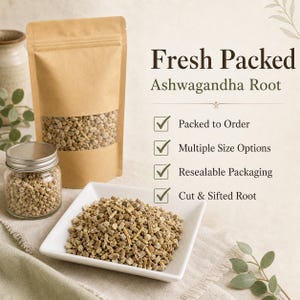 May include: A brown paper pouch with a clear window containing cut and sifted ashwagandha root, a small glass jar with a metal lid filled with the same root, and a white square dish holding a pile of the root, with text Fresh Packed Ashwagandha Root.