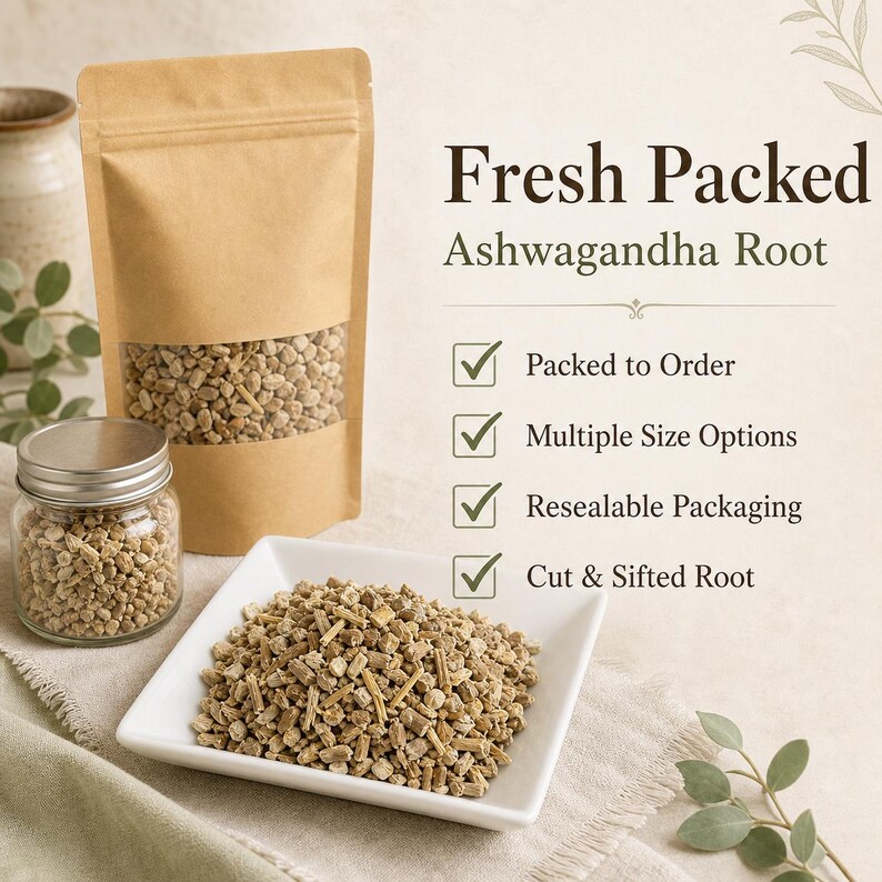 May include: A brown paper pouch with a clear window containing cut and sifted ashwagandha root, a small glass jar with a metal lid filled with the same root, and a white square dish holding a pile of the root, with text Fresh Packed Ashwagandha Root.