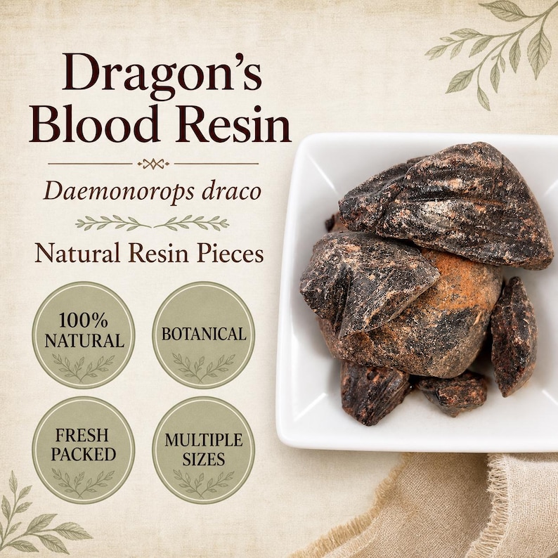 May include: Dragon's Blood Resin, Daemonorops draco, natural resin pieces in a white square dish. Text includes: Dragon's Blood Resin, Daemonorops draco, Natural Resin Pieces, 100% Natural, Botanical, Fresh Packed, and Multiple Sizes.