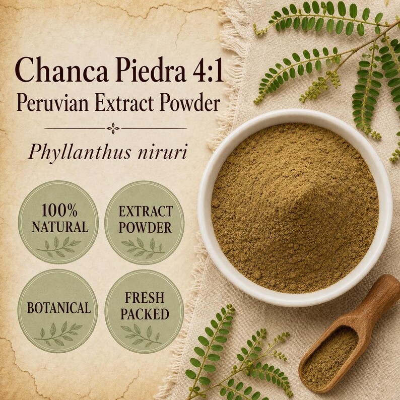 Puede incluir: Un cuenco blanco lleno de polvo de extracto peruano Chanca Piedra 4:1, etiquetado como Phyllanthus niruri, con cuatro iconos circulares que dicen 100% Natural, Extract Powder, Botanical y Fresh Packed, junto a una cuchara de madera y hojas verdes.