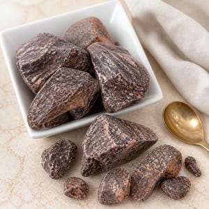 May include: A collection of dark brown, irregularly shaped chocolate chunks with a textured, matte surface. Several pieces are contained within a square white bowl, while others are scattered outside, accompanied by a small gold-toned metal spoon.