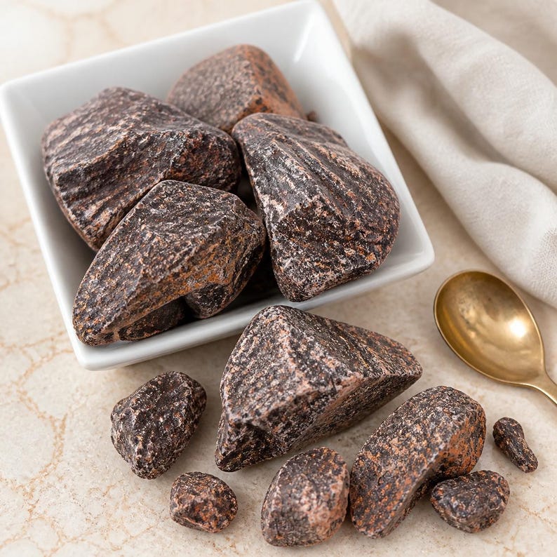 May include: A collection of dark brown, irregularly shaped chocolate chunks with a textured, matte surface. Several pieces are contained within a square white bowl, while others are scattered outside, accompanied by a small gold-toned metal spoon.