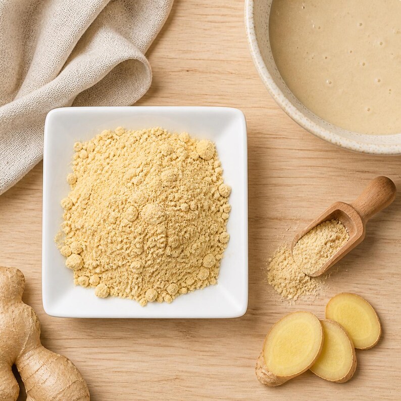 May include: A square white bowl filled with light yellow ginger powder, accompanied by a small wooden scoop containing more powder, three fresh ginger slices, and a whole ginger root on a light-coloured wooden surface.