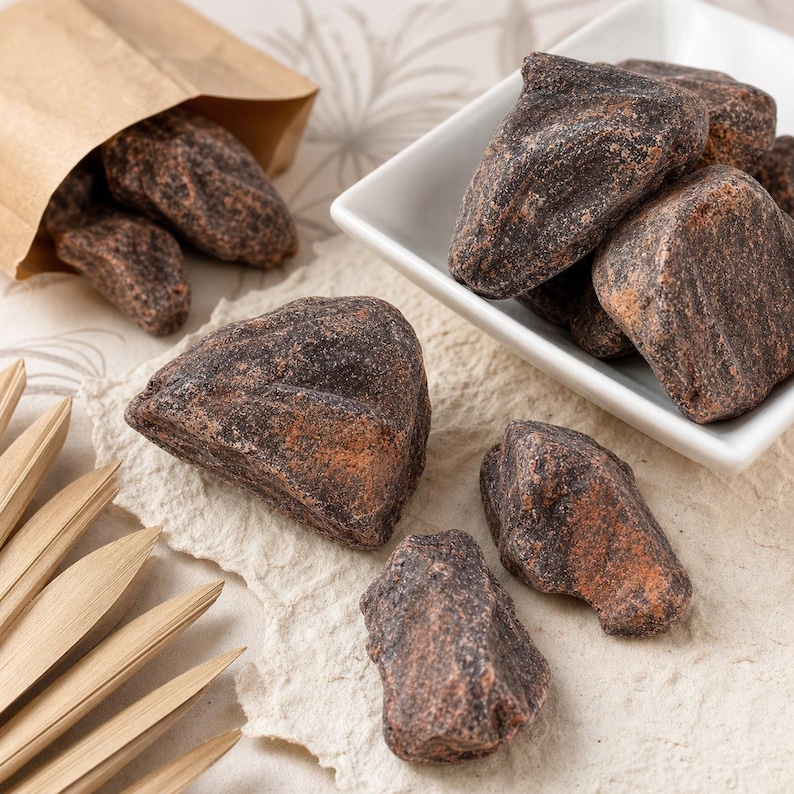 May include: Several dark brown, irregularly shaped, textured chunks of raw cacao butter or chocolate pieces. Some pieces are contained within a white square bowl and a brown paper bag, while others are scattered on a textured off-white surface.