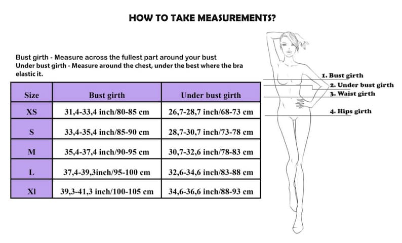May include: A chart with instructions on how to take body measurements for clothing. The chart shows the size, bust girth, and under bust girth in inches and centimeters. The chart also includes a line drawing of a woman with lines indicating where to measure.