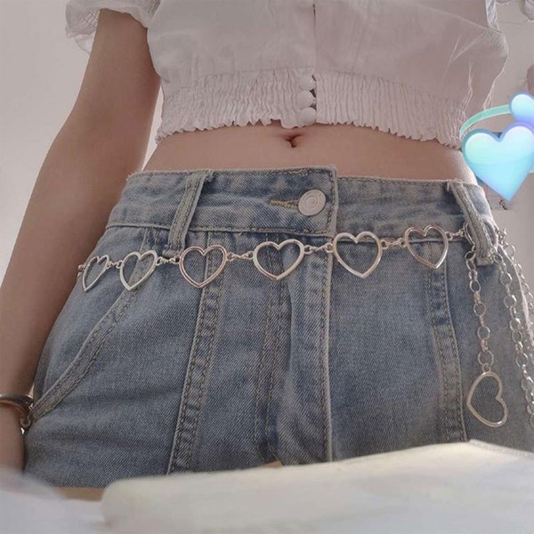 Trendy Y2K Silver Heart Chain Belt 40.6" long | Cottagecore, Basic, Gen Z Gifts 2023 Summer Jewelry Trends, High Quality Bohemian Chic Indie