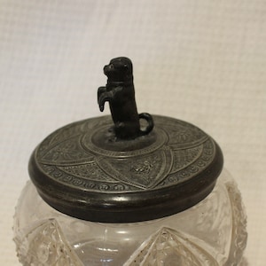 Antique cut glass candy dish with Terrier dog pewter top