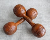 Antique Vintage Wood Dumbells - No markings - Medium wear with great patina. Minor cracks 1 LB.ea. 2 3 4 quot x 9 1 2 quot