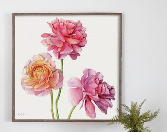 Rose Trio Watercolor PRINTABLE | botanical wall art, instant digital download, watercolor botanical print, watercolor print floral, print