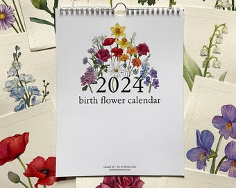2024 Wall Calendar, Illustrated Calendar, Botanical Art Calendar, Floral Wall Calendar - Watercolor Birth Flowers. 12 Month Artist Calendar.