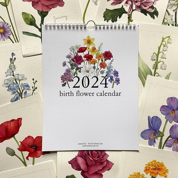 2024 Wall Calendar, Illustrated Calendar, Botanical Art Calendar, Floral Wall Calendar - Watercolor Birth Flowers. 12 Month Artist Calendar.