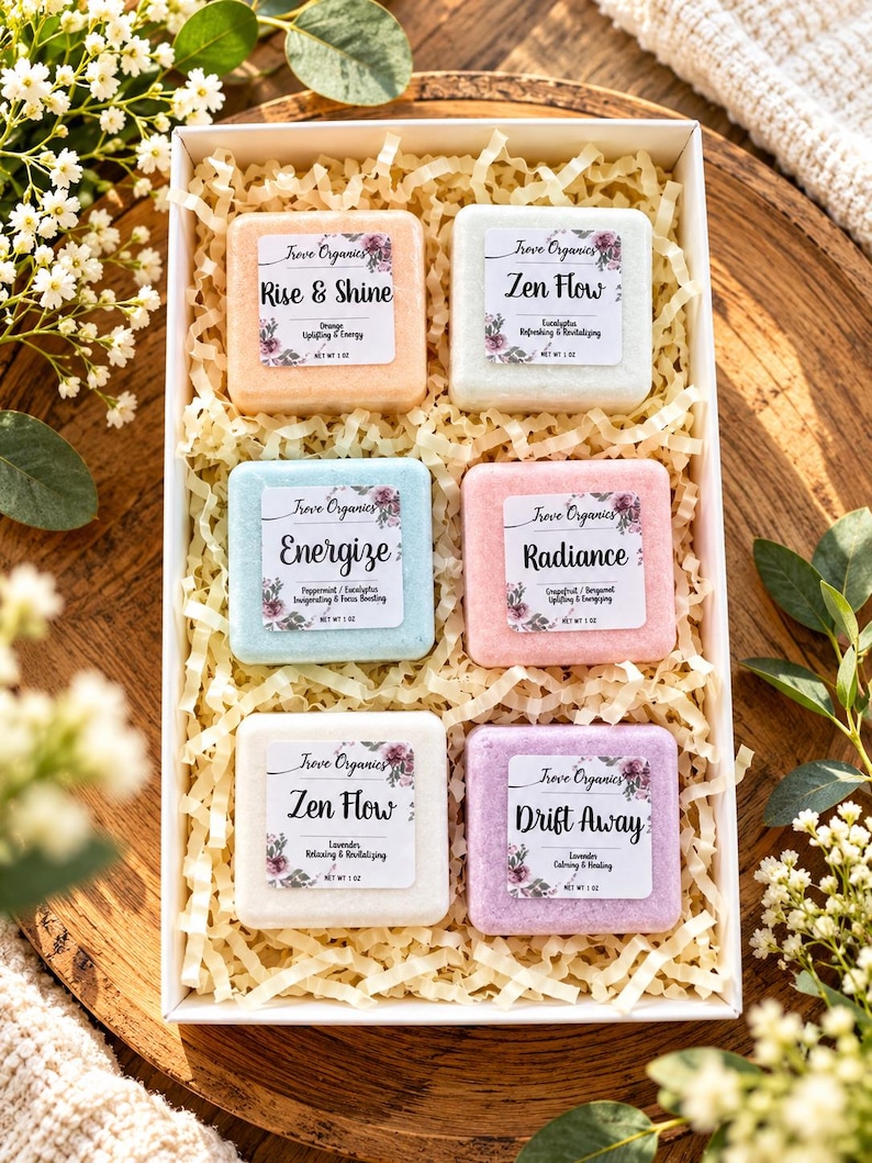 May include: A white gift box containing six square shower steamers in orange, light blue, pink, purple, and two shades of white. Each steamer features a label with the Trove Organics logo, a scent name, and a net weight of 1 oz.