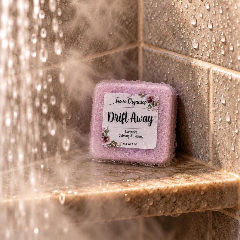 May include: A square, light purple shower steamer with a white label reading Trove Organics Drift Away Lavender Calming & Healing NET WT 28g. The product has a textured, porous surface and is covered in water droplets in a shower setting.