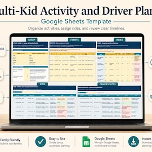 May include: A laptop screen displaying a Multi-Kid Activity and Driver Planner Google Sheets template. The interface features sections for setup, events, rides, kids' weekly transportation timelines, and driver routes with organized data tables.
