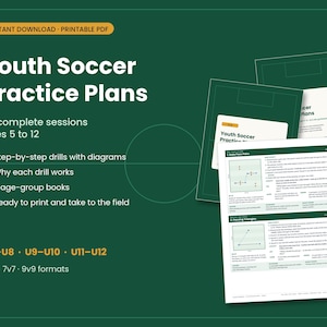 Puede incluir: Un documento digital titulado Youth Soccer Practice Plans con 24 sesiones para edades de 5 a 12 años. Incluye ejercicios paso a paso con diagramas, explicaciones para cada ejercicio y tres libros por grupo de edad para U6-U8, U9-U10 y U11-U12.
