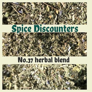 May include: Close-up of a dried herbal blend with a green, brown, and purple color scheme. The text "Spice Discounters No.37 herbal blend" is visible in the image.