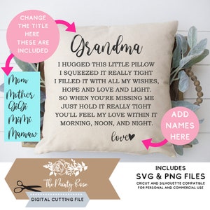 May include: A beige cushion with the word "Grandma" in a script font. The cushion includes a poem about love and missing someone. Additional text includes "Mom, Mother, GiGi, MiMi, Mamaw" and "Add Names Here."