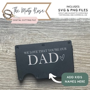 May include: Black metal wallet with the text "We love that you're our Dad" and a small heart. The text "Add kids names here" is in a green box with an arrow pointing to the wallet.