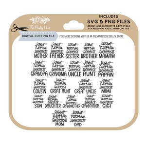 May include: A digital cutting file from The Minty Rose, featuring SVG and PNG files compatible with Cricut and Silhouette machines. The design includes various family titles such as Mother, Father, Sister, Brother, and more, in a black font.