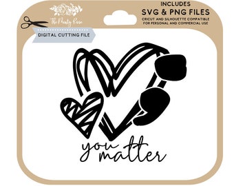 以下が含まれることがあります： 2つの絡み合ったハートと「you matter」というテキストの白黒のデジタルカットファイルデザイン。