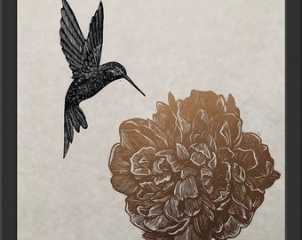 Peony and Hummingbird - Original Linocut Print