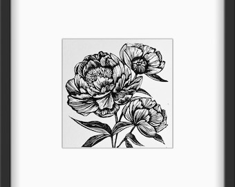 May include: Black and white line art illustration of three peonies in bloom. The peonies are drawn with intricate detail and have a delicate, feminine feel.
