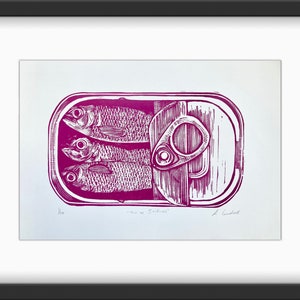 Pink Tin of Sardines Original, Linocut Print (Unframed)